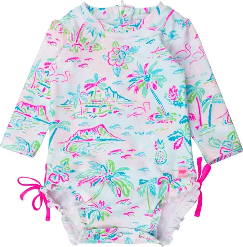 Vista 54 de RuffleButts - Traje de baño de una pieza con protección solar UPF 50+, camiseta de protección floral estampado, manga larga, con cierre zipper
