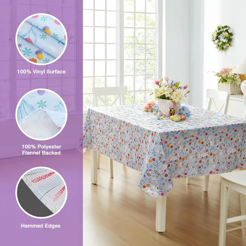 Vista 4 de Newbridge Blue Easter Cotton Tail Bunny Party 52 x 52 inch Square Vinyl Tablecloth with Flannel Backing, Bunny Rabbit, Easter Eggs and Floral Design