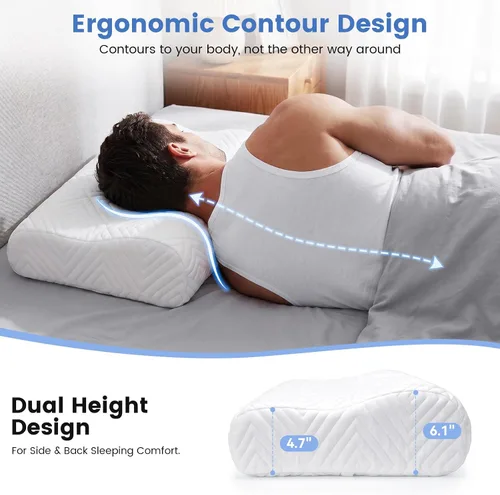 Vista 10 de Almohada de espuma viscoelástica, doble altura (4.7 y 6.1 pulgadas), almohada cervical de alto perfil para dormir de lado, almohada ergonómica