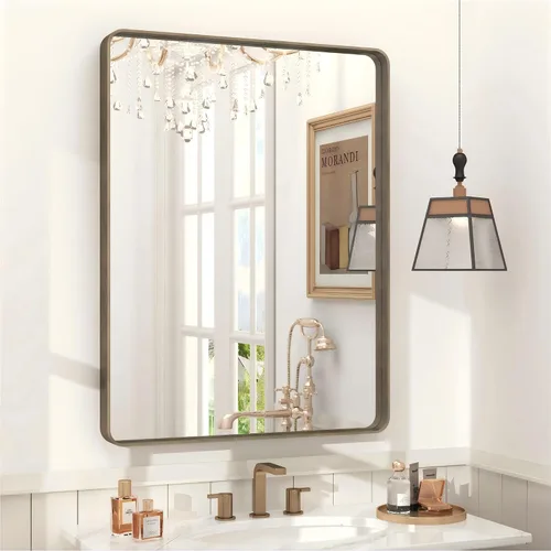 Vista 101 de Paquete de 2 espejos de baño con marco de metal negro de 22 x 30 pulgadas, espejo rectangular redondeado negro mate, antioxidante, se cuelga