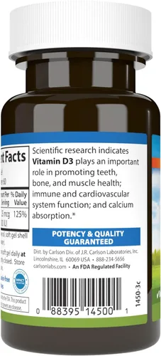Vista 3 de Carlson - Vitamina D3, 1000 UI (25 mcg), salud ósea, salud muscular, colecalciferol, suplementos de vitamina D, geles blandos de vitamina D3, 60