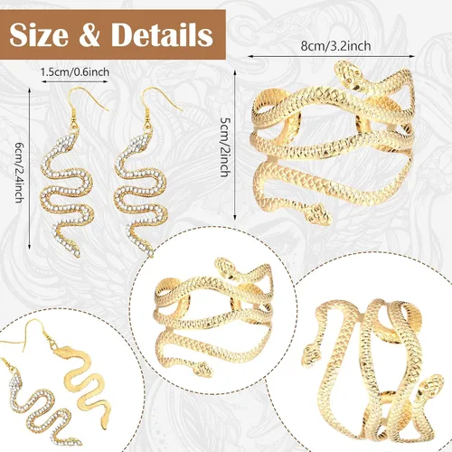Vista 4 de Kathfly 4 piezas de joyería de serpiente dorada de Halloween, aretes de serpiente flexibles, ajustables, punk de serpiente, collar de gargantilla