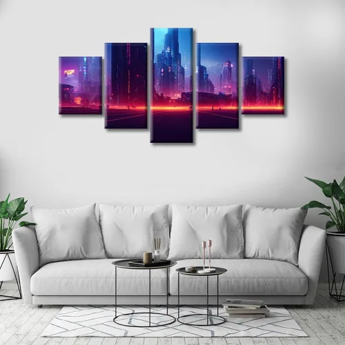 Vista 396 de Cuadros de 5 paneles de Cyberpunk City, arte de pared, representación de vallas publicitarias, edificios modernos en la capital con obras de arte