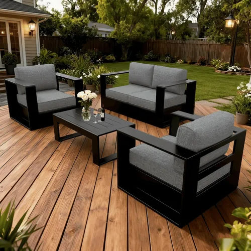 Vista 22 de LayinSun - Juego de muebles de exterior de aluminio de gran tamaño de 5 piezas con mesa auxiliar Negro/Gris oscuro