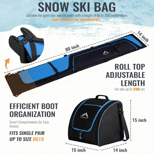 Vista 2 de GoHimal Ski Bag & Boot Bag Combo, Padded Ski Carrier Fits Skis Up to 200CM, Fits Boots Up to US13, Safety Reinforced, Water-Resistant, Ski Travel