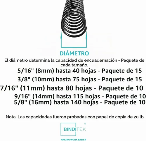 Vista 2 de Binditek Paquete de 60 bobinas de encuadernación espiral de plástico, multi tamaño (8 mm, 10 mm, 11 mm, 14 mm, 16 mm), paso 3:1, 36 bucles