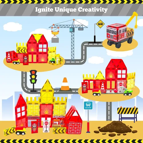 Vista 3 de Juego de camiones de bomberos con azulejos magnéticos, bloques magnéticos