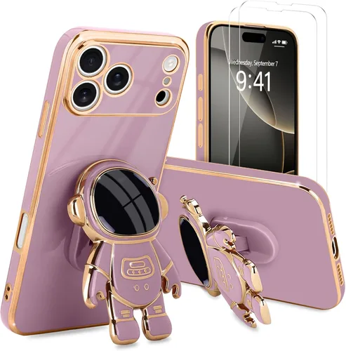 Vista 66 de Pepmune - Funda para iPhone 15 con soporte de astronauta 3D, color negro [2 Screen Protector], Luxury Electroplated Soft TPU Cover with Kickstand