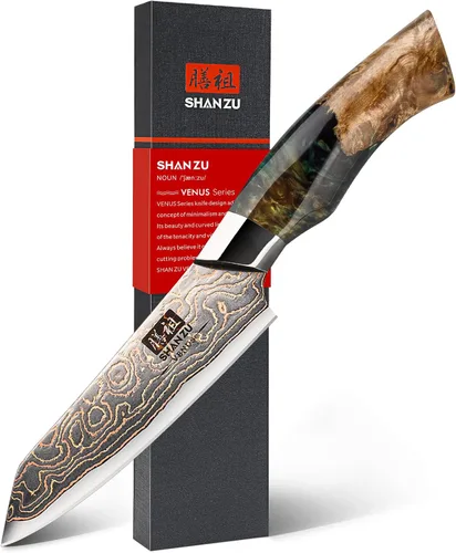 Vista 7 de Juego de cuchillos de cocina de Damasco SHAN ZU, cuchillos de cocina japoneses de cobre y acero de Damasco, cuchillo utilitario forjado a mano