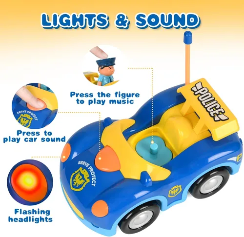 Vista 7 de Haktoys Carros de policía y carreras de dibujos animados a control remoto: juguetes RC para niños pequeños niños y niñas - Juego de 2 vehículos