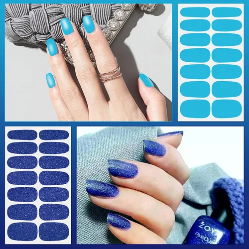Vista 3 de 8 hojas de esmalte de uñas azules para mujer, calcomanías de esmalte de uñas de color sólido con purpurina para pegar en tiras de esmalte de uñas