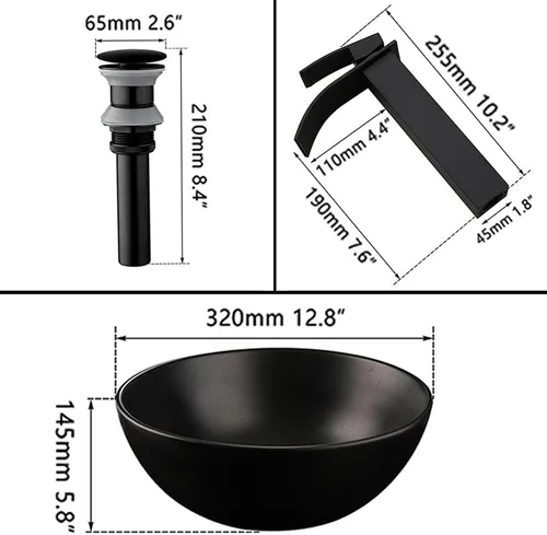 Vista 2 de Fregadero de baño de cerámica negra de 13 pulgadas con grifo mezclador, cuenco redondo para fregadero de baño con grifo de cascada y drenaje