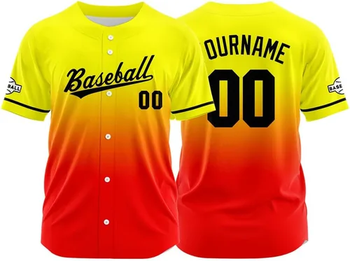 Vista 38 de Camiseta de béisbol con degradado personalizado, nombre, número y logotipo personalizados para hombres, mujeres y niños