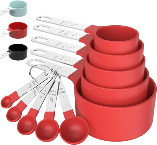 Vista 8 de TILUCK Juego de tazas y cucharas medidoras, tazas y cucharas apilables, tazas medidoras anidables con mango de acero inoxidable, accesorios de Negro