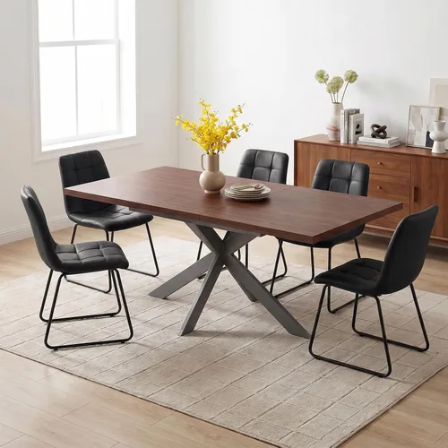 Vista 20 de ZckyCine Juego de mesa de comedor extensible de 6 piezas, moderna mesa de madera gris de 63 a 79 pulgadas con 6 sillas de tela gris, mesa de comedor