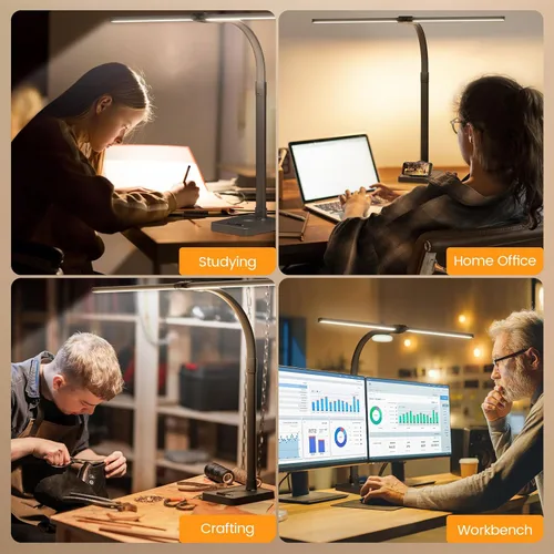 Vista 3 de lámpara LED de escritorio con base - brillante lámpara de computadora regulable con soporte para teléfono, luz de escritorio flexible de 24W