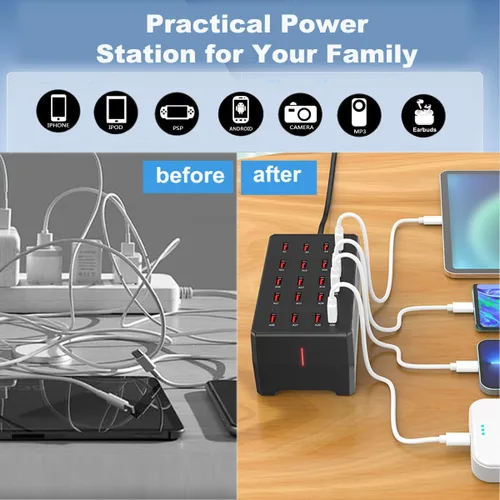 Vista 6 de MaxLax Estación de carga USB de 20 puertos, 100 W/20 A, compatible con teléfonos inteligentes, tabletas y otros dispositivos USB