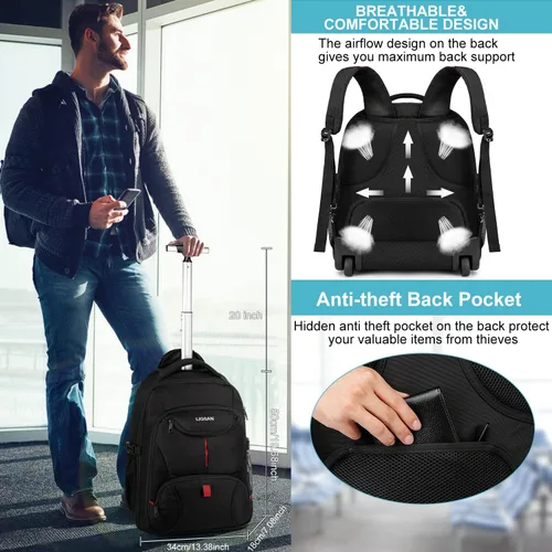 Vista 5 de Mochila con ruedas, mochila grande con ruedas para hombres, mujeres y adultos, mochila impermeable de 17 pulgadas para portátil de viaje, bolsa