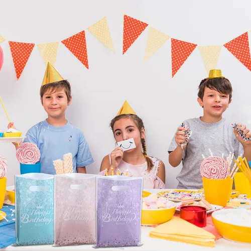 Vista 6 de Paquete de 30 bonitas bolsas de regalo para fiesta, 10 unidades, color verde azulado, 10 unidades, rosa, 10 bolsas de dulces de mampostería moradas