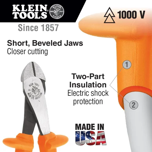 Vista 2 de Klein Tools Alicates D2000-28-INS, Alicates de corte diagonal aislados, fabricados en Estados Unidos, con agarres nominales de 1000 V, cortadores