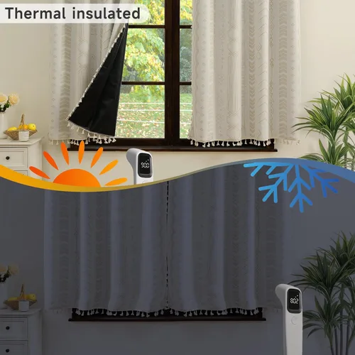 Vista 6 de Cortinas Boho ColorBird Beige Crema opacas, 2 paneles de 63 pulgadas de largo, tratamiento para ventanas con aislamiento térmico, estampado