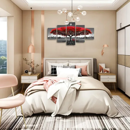 Vista 4 de Lienzo decorativo para pared, árbol rojo, arte de pared enmarcado en blanco y negro, paisajes para decoración de pared, imágenes para sala de estar