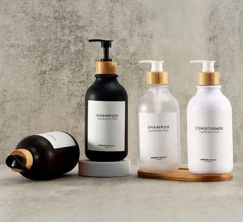 Vista 7 de Botellas de champú y acondicionador resistentes esmeriladas, dispensador de boticario, bomba de bambú, botellas de champú recargables para champú
