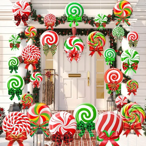 Vista 7 de Huwena 30 Piezas Decoraciones Navideñas Colgantes para Exteriores Copos de Nieve Dulces Letreros de Jardín Incluye 6 Estacas de Plástico para Jardín