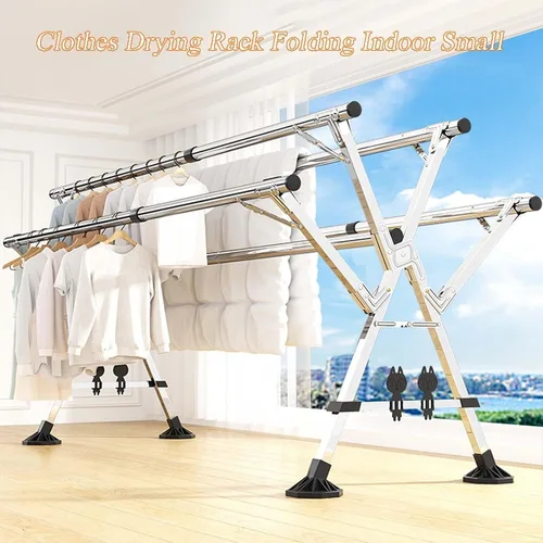 Vista 2 de Heavy Duty Stainless Steel Adjustable & Foldable Clothes Drying Rack, Space-Saving Laundry Hanger for Indoor & Outdoor Use, 53In Garment Stand, One