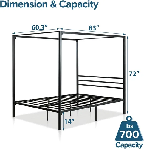 Vista 3 de Zinus Patricia Armazón de Cama con Plataforma de Dosel de Metal Negro, Base de Colchón con Soporte de Listones de Acero, No Necesita Somier, Fácil