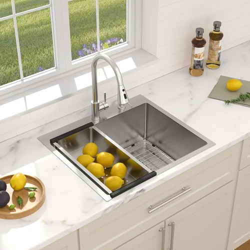 Vista 3 de Dcolora Fregadero de cocina empotrado de 25 pulgadas con grifo, fregadero pequeño de acero inoxidable de sobreponer, fregaderos de preparación