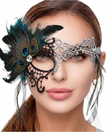 Vista 52 de Masquerade Mask For Women Lace Masquerade Mask for Masquerade Party, Proms, Venetian Party, Mardi Gras, Halloween & Cosplay Ana Bg Pluma de Pavo Real