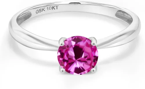 Vista 2 de Gem Stone King Anillo solitario redondo de oro blanco de 10 quilates con zafiro rosa creado de 100 quilates Metal Metal Piedra preciosa Zafiro