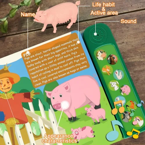 Vista 4 de DOMNIU Figuras de animales de granja, juguetes con 10 figuras de animales de plástico realistas y libro de sonido para niños, juguetes educativos