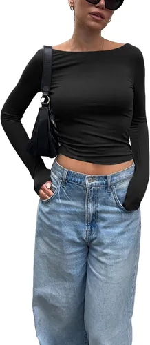 Vista 3 de Tankaneo Camisas de manga larga para mujer, camisetas básicas para salir, corte ajustado, cuello barco, camisetas Y2K