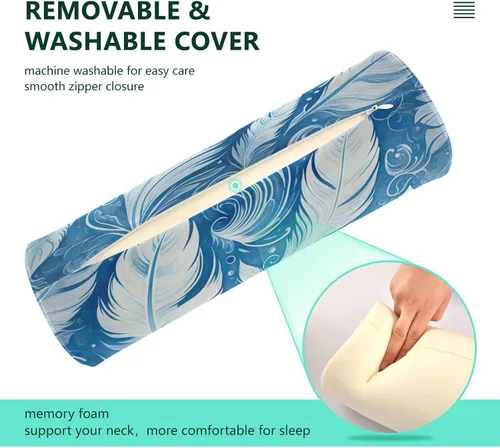 Vista 4 de Almohada de cuello azul de plumas blancas para dormir, almohada cervical de espuma viscoelástica para aliviar el dolor de cuello, almohadas redondas
