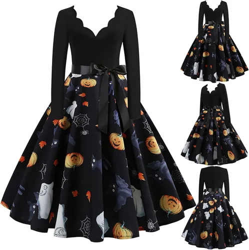 Vista 4 de Basysin Vestido de Halloween para mujer, estilo vintage de los años 50, estampado de calabaza, manga larga, cuello en V, talla grande, vestidos