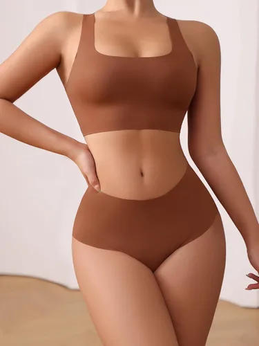 Vista 4 de SHENHE Conjunto de lencería de 2 piezas sin costuras para mujer, brasier con espalda cruzada y ropa interior de cintura alta