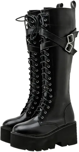 Vista 61 de Parisuit Botas góticas altas hasta la rodilla con hebilla de plataforma para mujer, tacón alto grueso, con cordones, botas de combate punk, con Negro