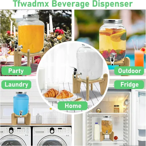 Vista 6 de Tfwadmx Dispensador de bebidas de 1 galón para fiestas, dispensador de bebidas con soporte de madera, dispensador de limonadas, jarra de té helado