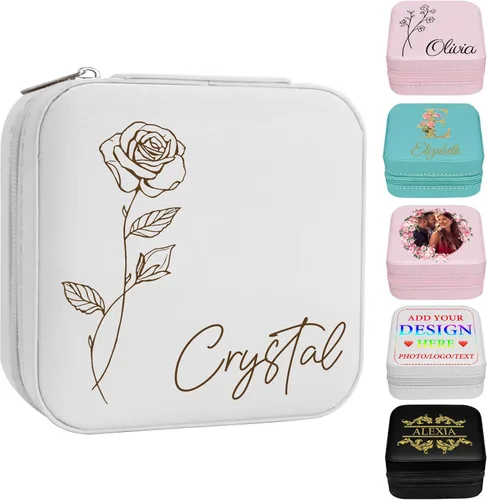 Vista 21 de Joyero personalizado con nombre, joyero de viaje portátil personalizado, organizador de joyas de cuero, cajas de dama de honor, boda, regalo