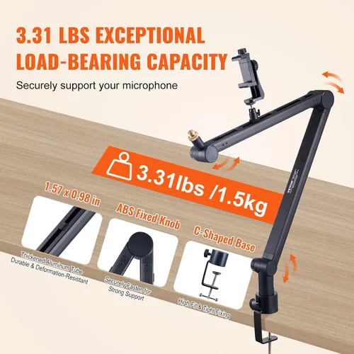 Vista 3 de VEVOR Brazo de brazo de micrófono, con abrazadera de montaje de escritorio, soporte de micrófono ajustable con gestión de cables, giratorio de 360°