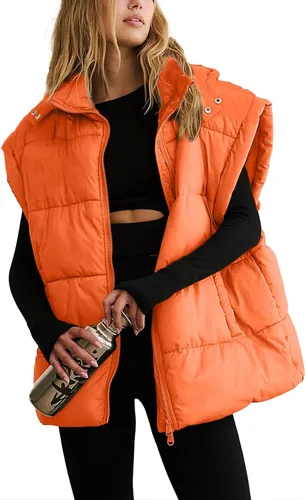 Vista 8 de Shiyifa Chaleco acolchado para mujer, chaqueta de gran tamaño, sin mangas, ligera, con cremallera, con capucha desmontable