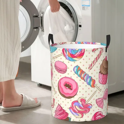Vista 7 de Cesta de almacenamiento circular Protable con estampado de magdalena de piruleta dulce, cesta para ropa sucia con asas, ropa de dormitorio