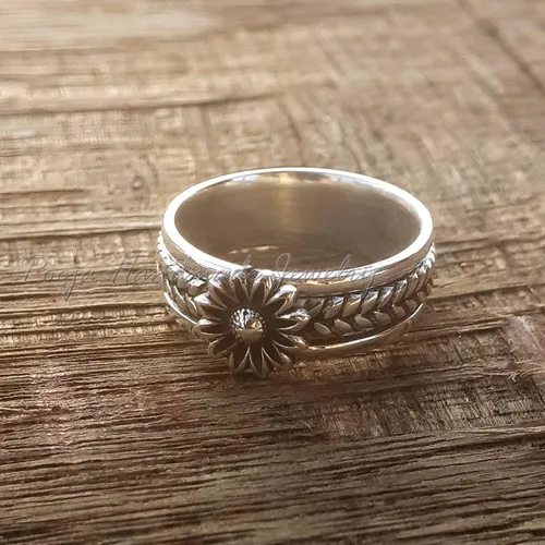 Vista 2 de Anillo giratorio de girasol para mujer, anillo para ansiedad, anillo natural, anillo giratorio de flores, anillo de ansiedad, anillo de banda ancha