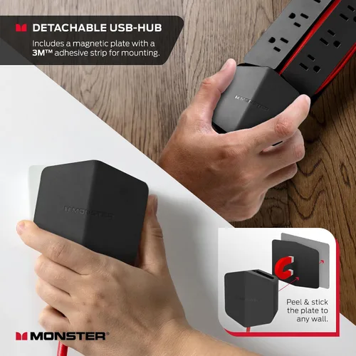Vista 3 de Monster Power Center Vertex XL Protector de sobretensiones con regleta de alimentación desmontable, 10 salidas de CA, 2 puertos USB-A y 1 puerto