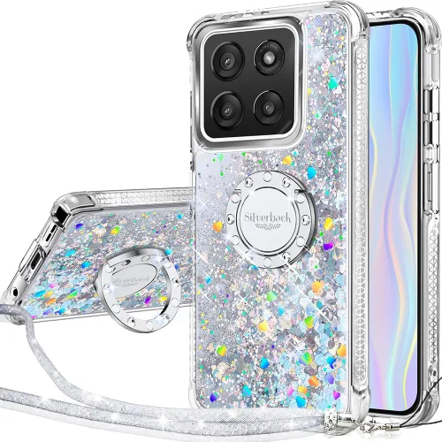 Vista 8 de Silverback Funda para Moto G Stylus 5G 2025, funda con purpurina holográfica líquida móvil con soporte, anillo de diamantes brillantes para niñas