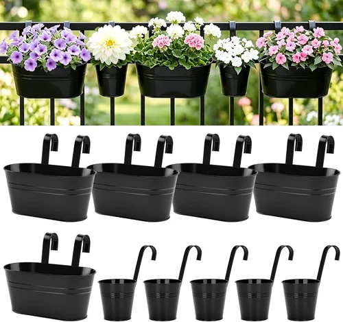 Vista 12 de KINGLAKE Macetas de flores, 10 macetas de metal para colgar en hierro, balcón, jardín, plantas, cestas para vallas, 4 pulgadas, soportes para flores