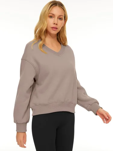 Vista 2 de AUTOMET Sudadera corta de manga larga para mujer, de forro polar, cuello en V