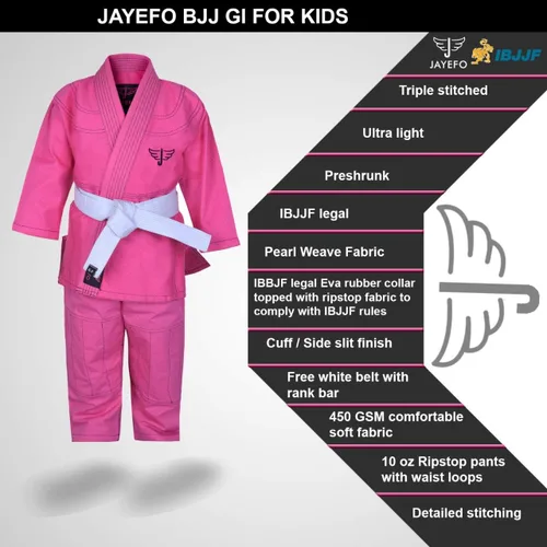 Vista 2 de Jayefo JIU Jitsu GI para niños y niñas, IBJJF Legal BJJ ligero, suave, preencogido, para niños y jóvenes, sin MMA, cinturón blanco